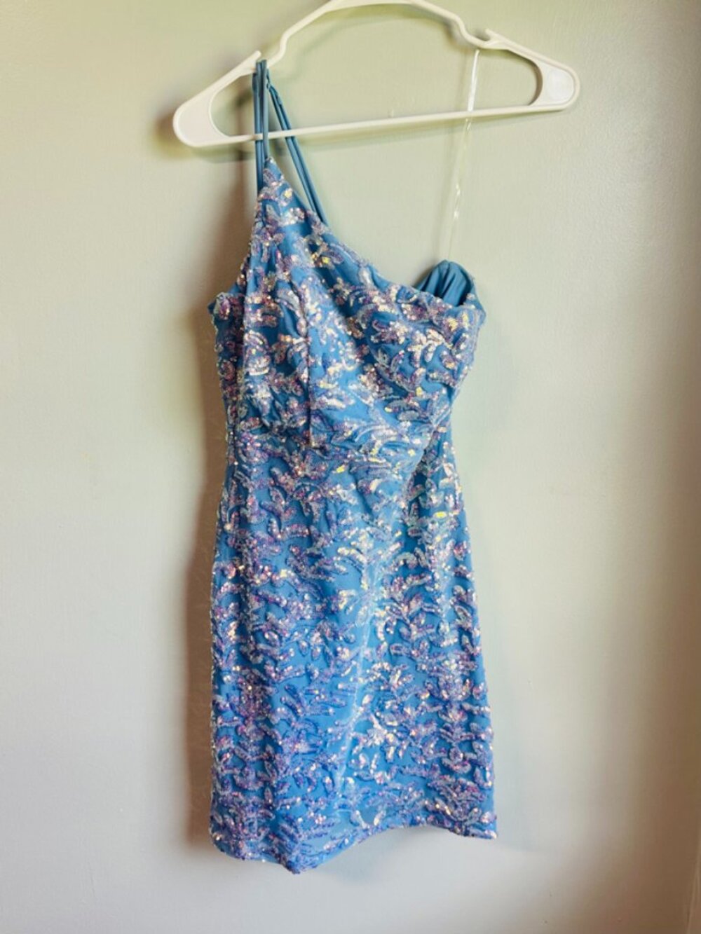 Honey and Rosie Blue Sequin One Shoulder Mini Dress Large